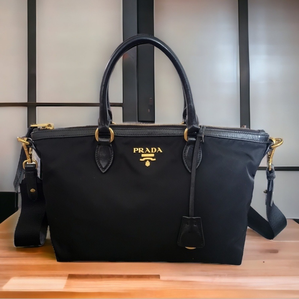 Prada Tessuto Nylon Satchel Bag Black Gold Hardware Crossbody Tote